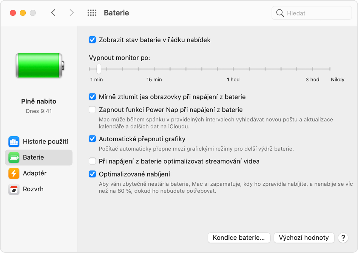 Okno Předvolby pro baterii v systému macOS s vybranou volbou „Automatické přepnutí grafiky“