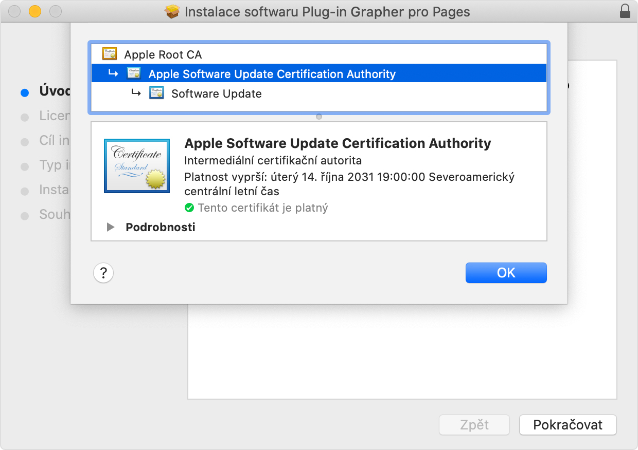 Okno instalátoru s vybranou volbou Apple Software Update Certificate