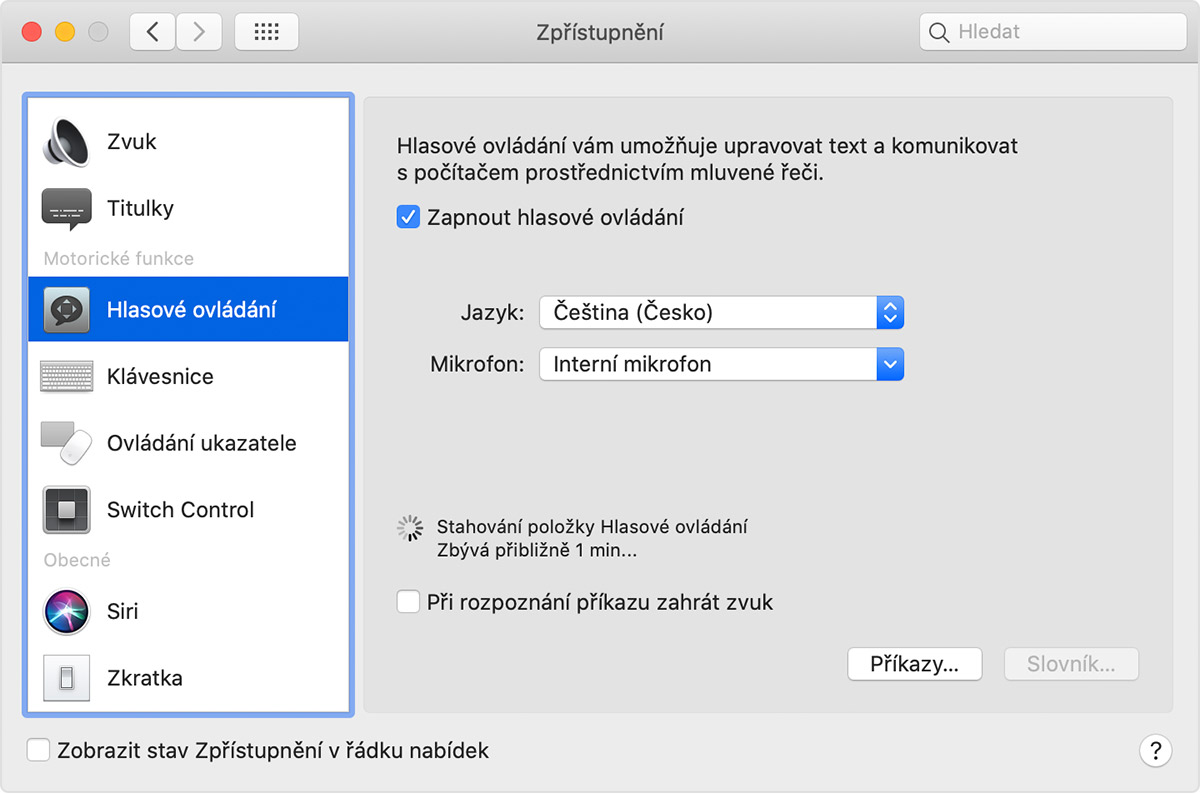 Používání Hlasového ovládání na Macu - Podpora Apple