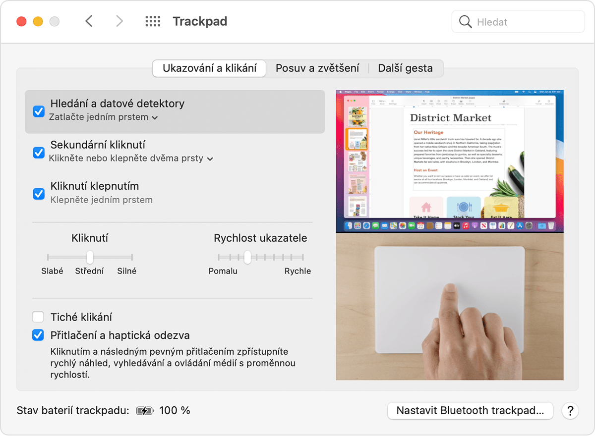 Okno předvoleb trackpadu v macOS