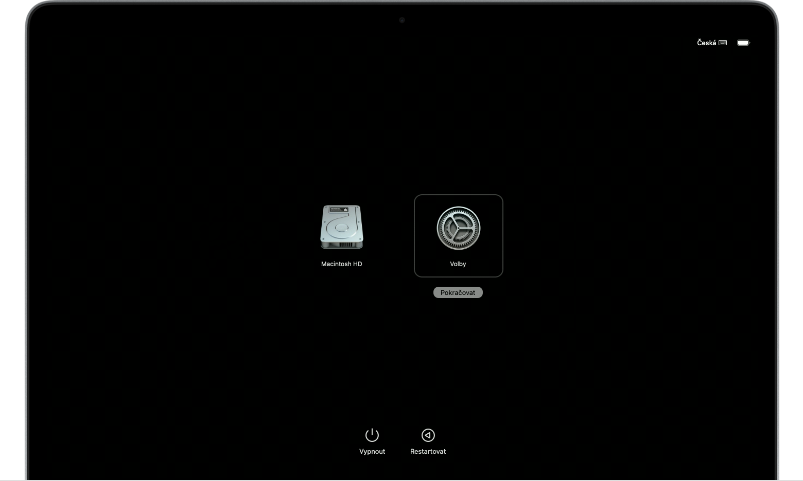 Úvodní obrazovka režimu zotavení s vybranou položkou „Možnosti“