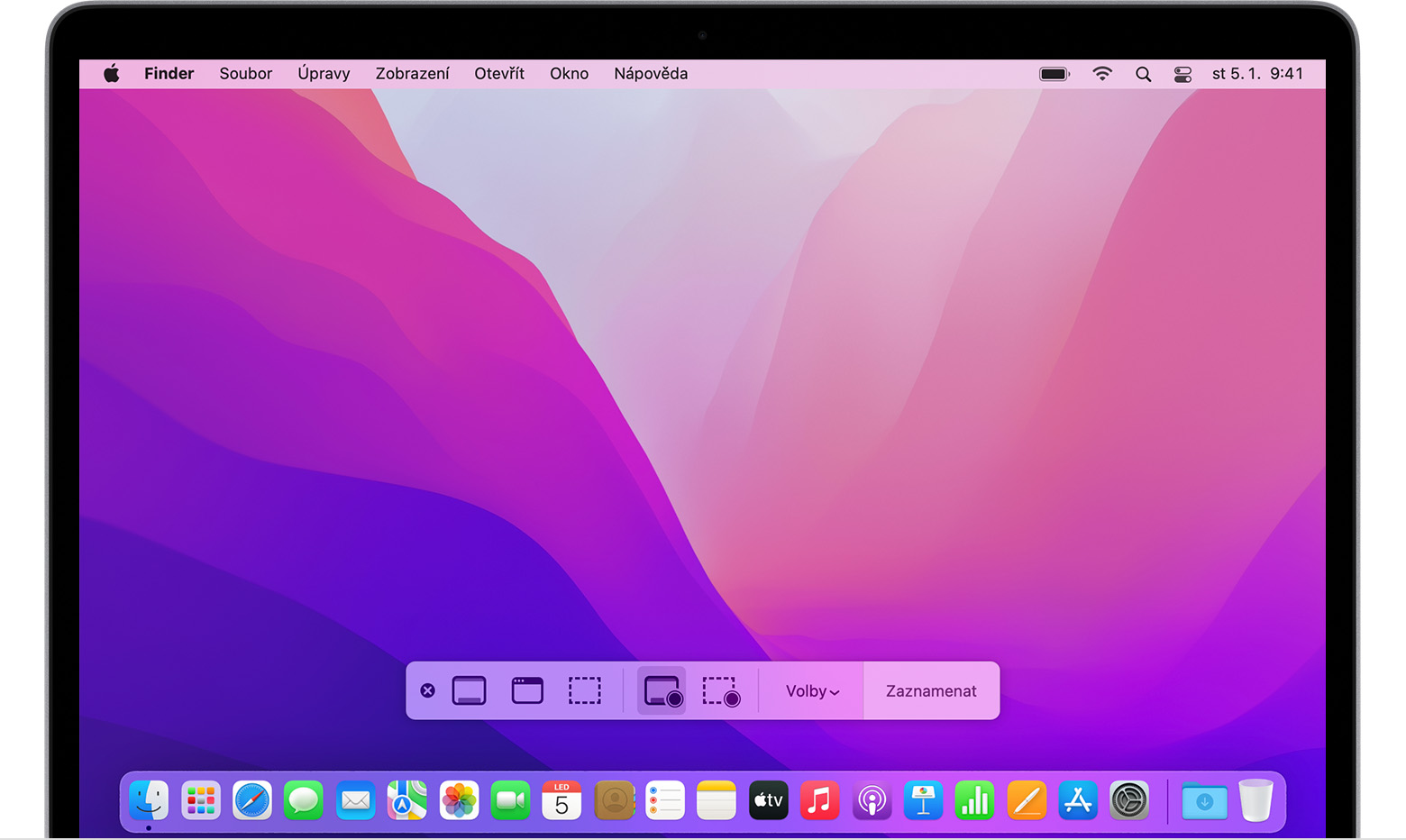 Plocha macOS se zobrazeným panelem nástrojů pro snímky obrazovky