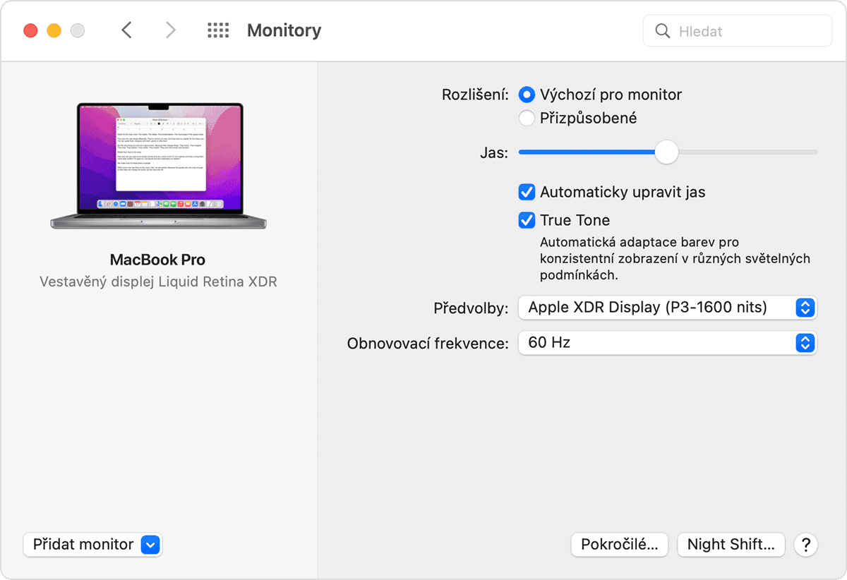Okno Monitor v Předvolbách systému macOS se zapnutou volbou True Tone