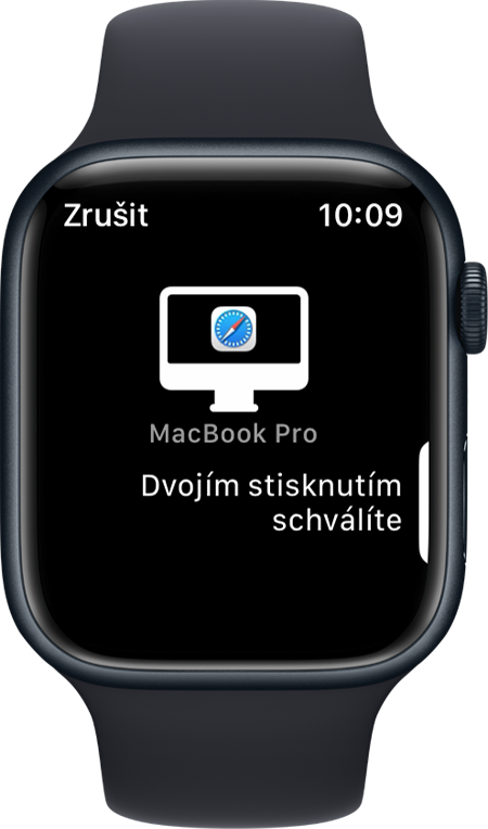 Obrazovka Apple Watch s výzvou ke schválení dvojitým stisknutím