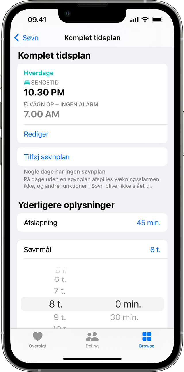 En iPhone-skærm, hvor indstillinger til justering af søvnmål vises