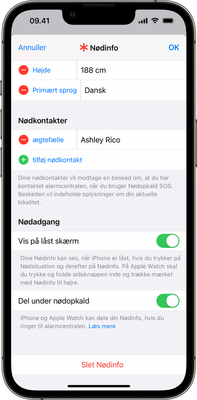En iPhone, der viser skærmen med indstillinger for Nødinfo, hvor du kan tilføje nødkontakter.