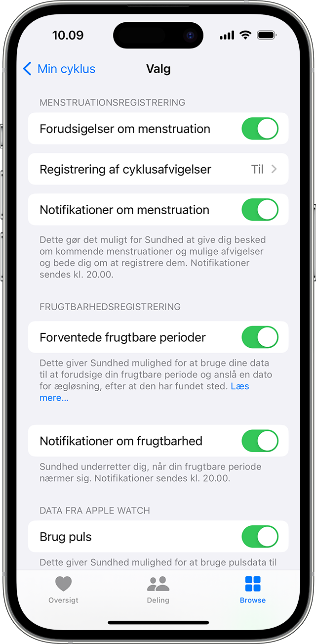 Indstillinger for notifikationer om menstruations- og frugtbarhedsregistrering i Min cyklus på iPhone