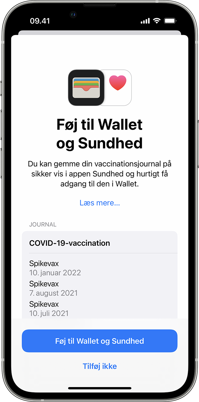 iPhone-skærm, der viser en COVID-19-vaccinationsjournal, som kan tilføjes i Wallet og Sundhed