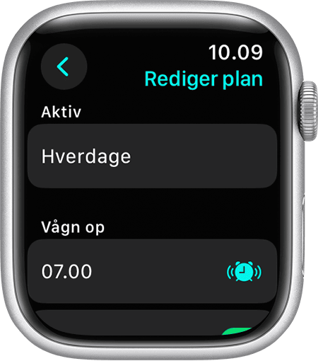 En Apple Watch-skærm, hvor indstillinger til redigering af komplet tidsplan vises