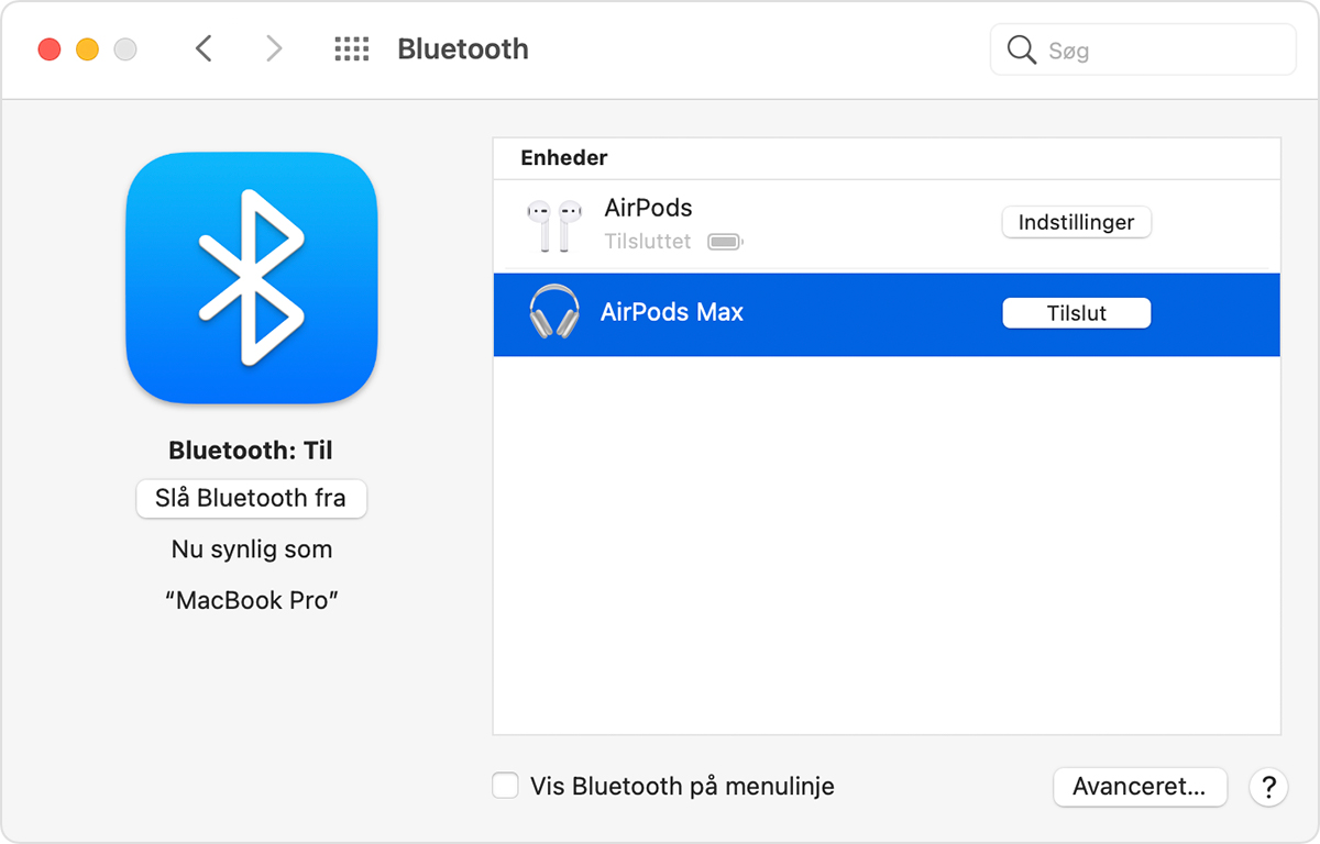 Bluetooth-indstillinger på Mac