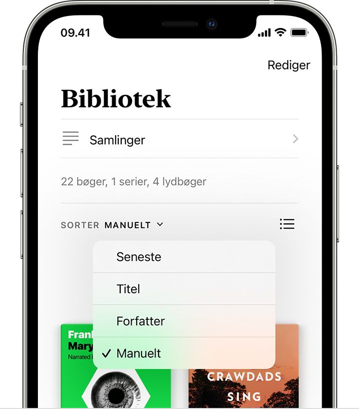 iPhone, der viser biblioteket med sorteringsindstillinger, herunder Seneste, Titel, Forfatter og Manuelt.