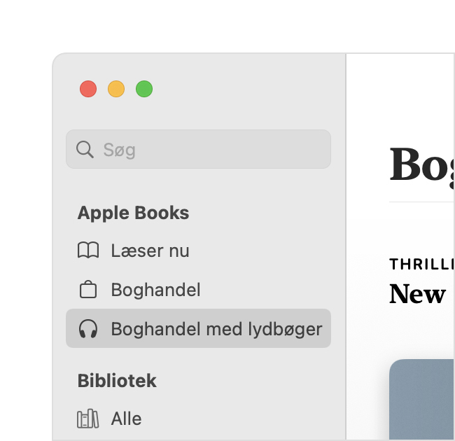 Fanen Boghandel med lydbøger i indholdsoversigten på Mac