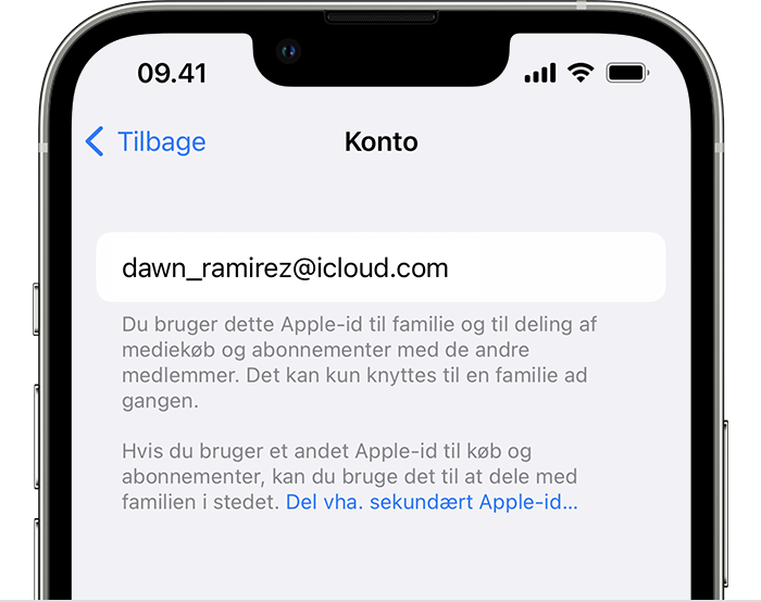 Del vha. sekundært Apple-id vises med blå tekst.
