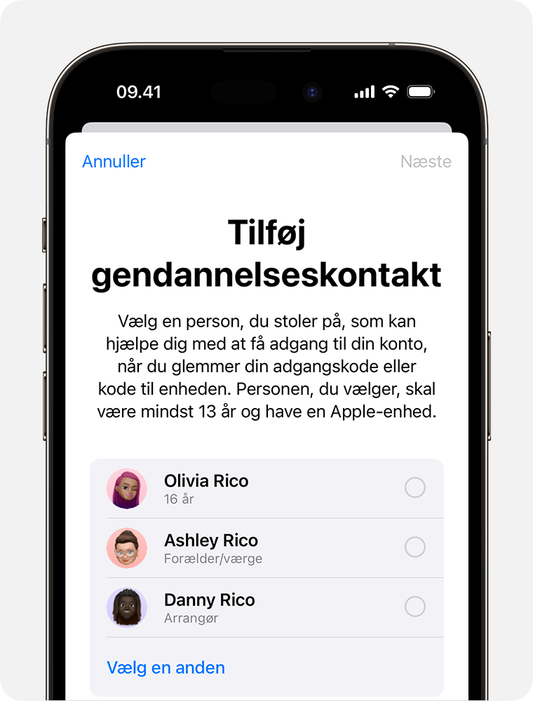 iPhone-skærm, der viser kontakter, du kan tilføje som gendannelseskontakt