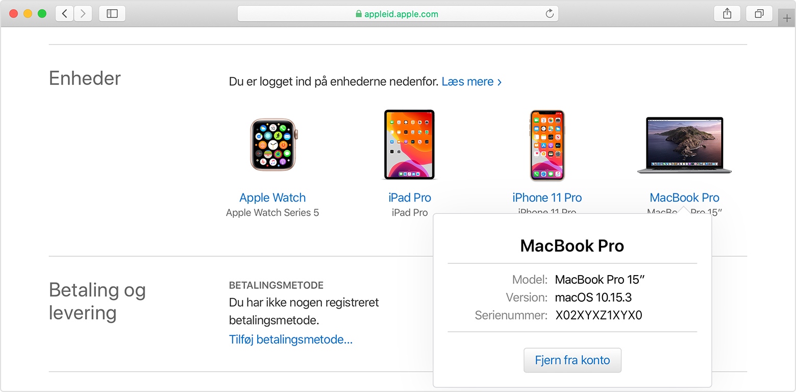 Kontroller listen over enheder for dit Apple-id for at se, hvor du ...