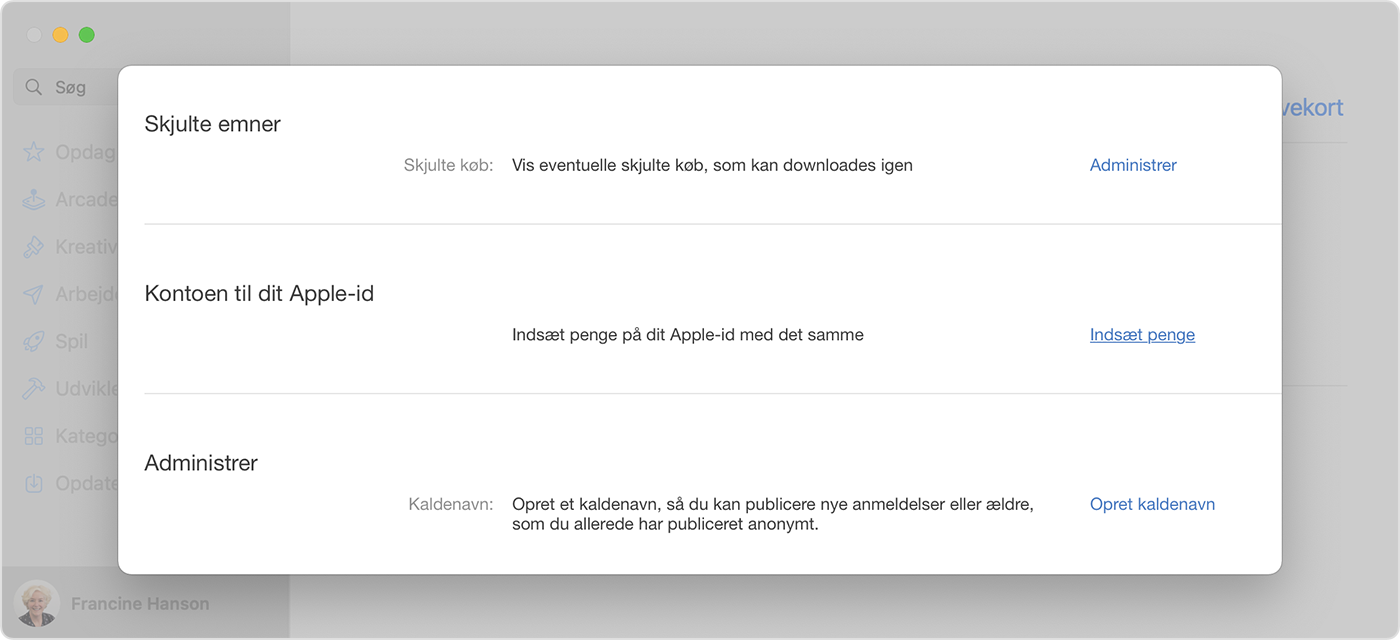 Mac, hvor indstillingen Føj penge til konto i App Store vises.