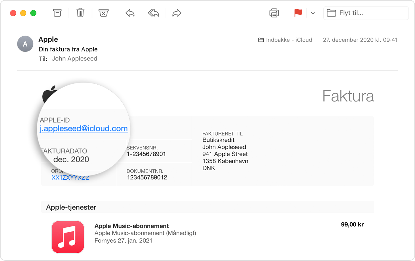 En e-mail med kvitteringen fra Apple viser Apple-id'et for den person, der købte Apple Music-abonnementet.