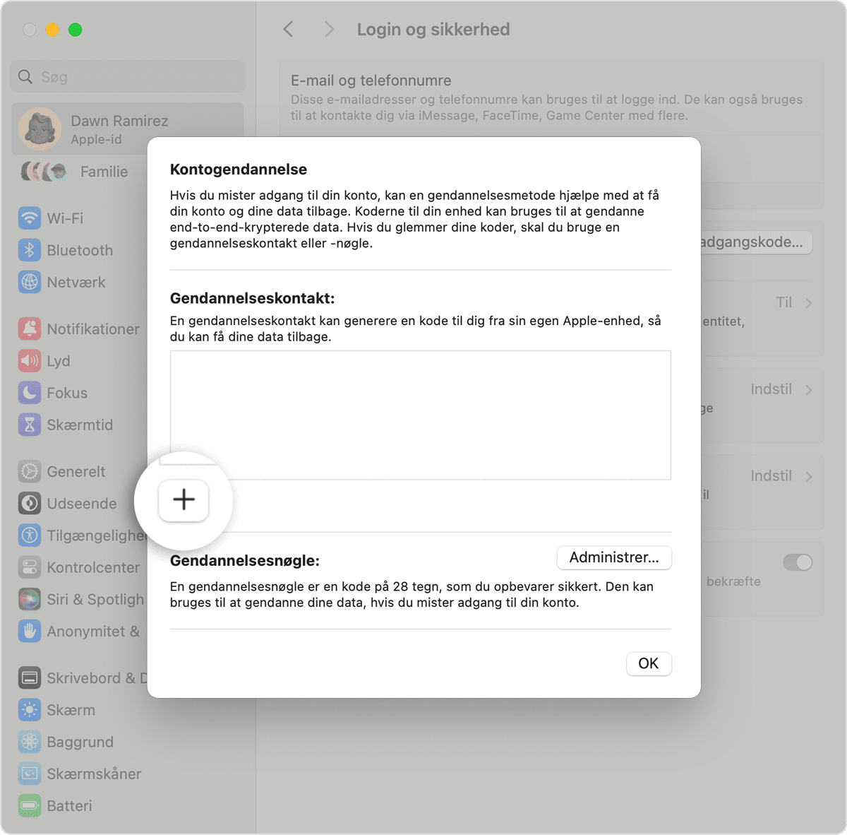 Mac-skærm, der viser, hvordan du tilføjer en gendannelseskontakt