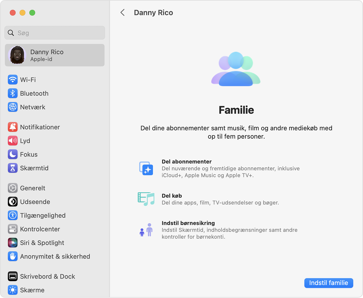 Knappen Konfigurer familie er nederst til højre, når du har klikket på Familie.