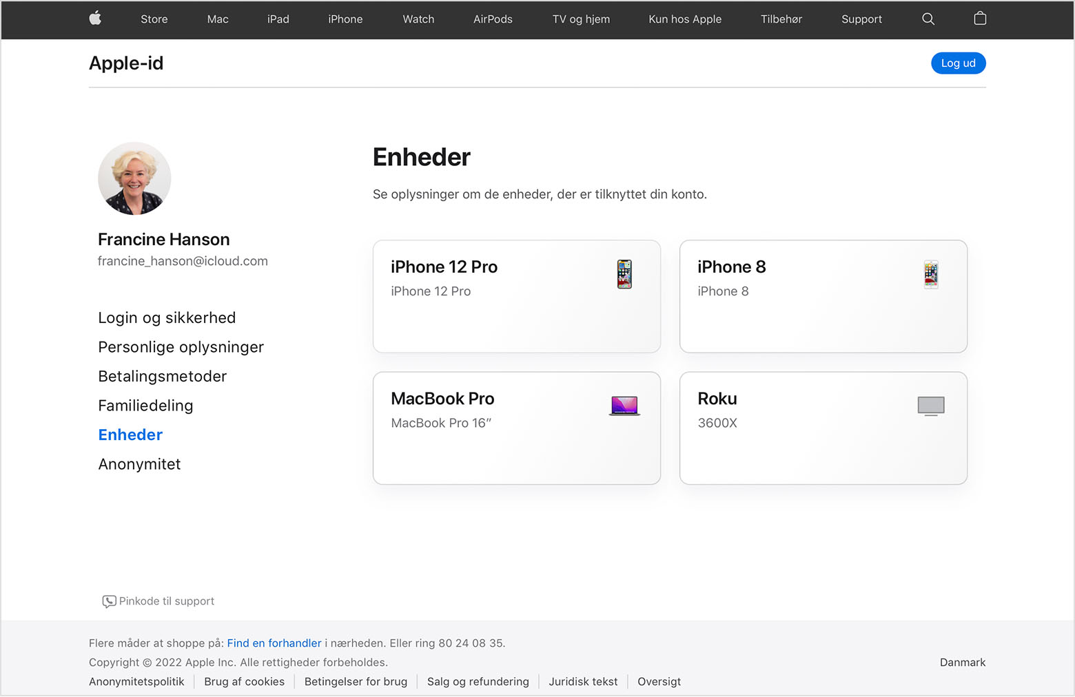Et billede af appleid.apple.com, der viser tre enheder til Francine Hanson: en iPhone 12 Pro, en MacBook Pro og en Roku.