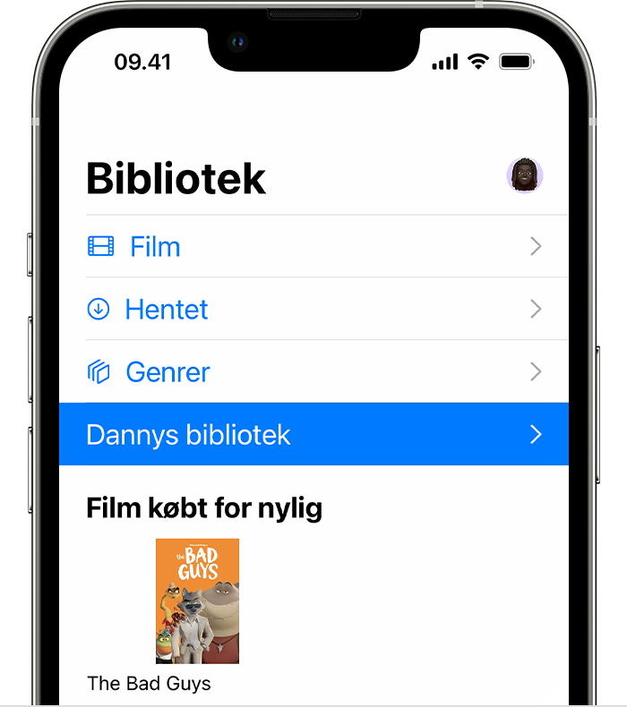 Et delt bibliotek på fanen Bibliotek i Apple TV-appen på en iPhone