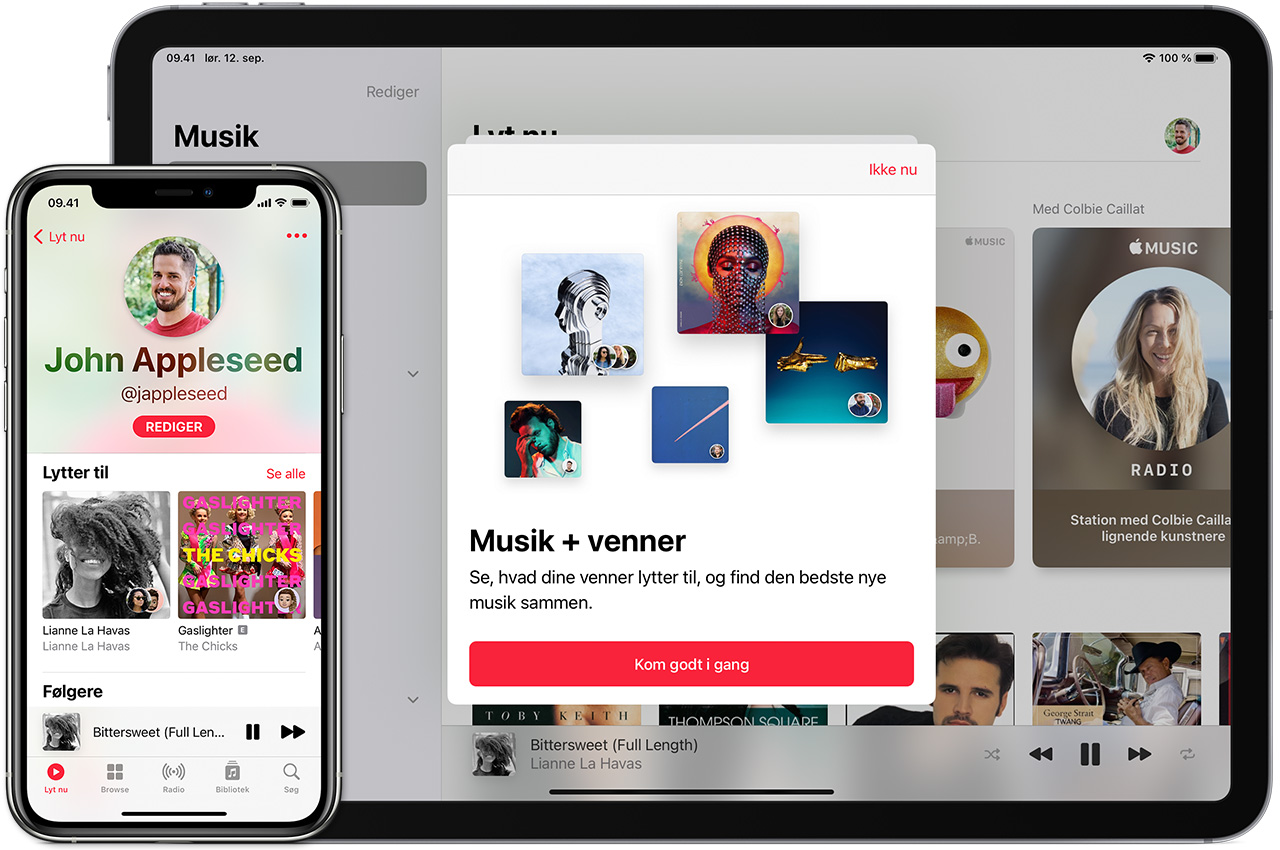 En iPhone, der viser en brugers profil i Apple-appen Musik. Og en Mac, der viser skærmen 