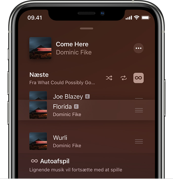 iPhone, der viser musik, der omarrangeres på skærmen Næste