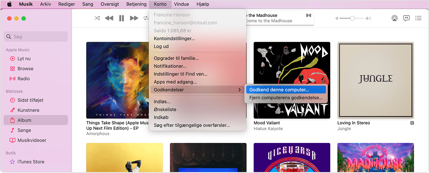 appen Apple Music, der viser menuen Konto, Godkendelser og Godkend denne computer. 