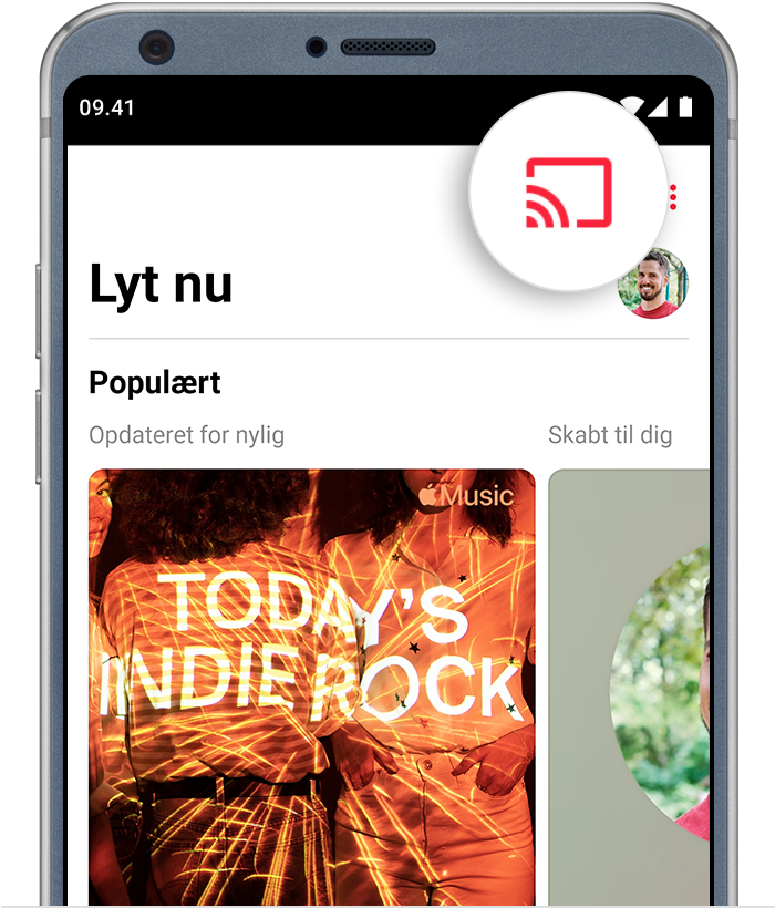 Android-telefon, der viser knappen Cast øverst i appen Apple Music