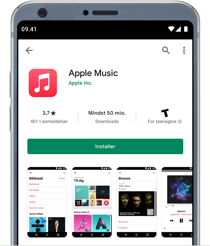Android-telefon, der viser appen Apple Music i Google Play