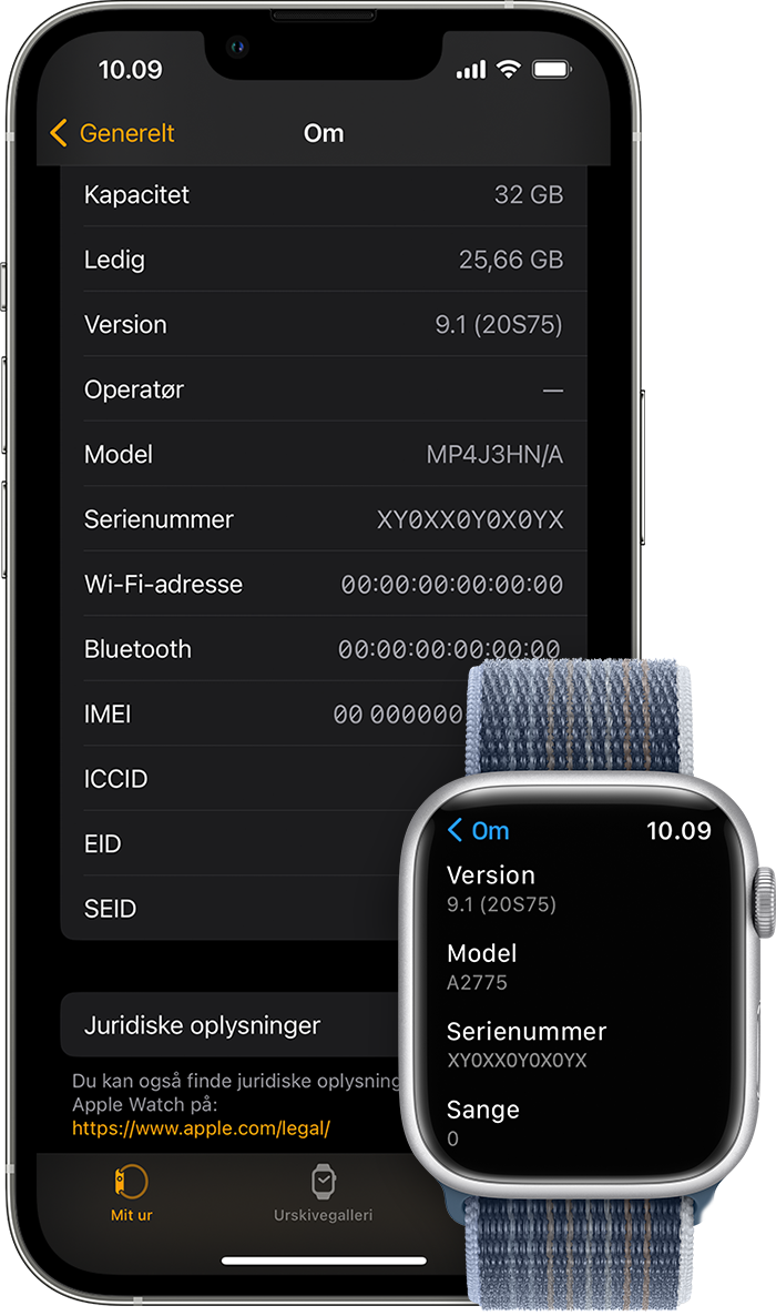 Skærmen Om på iPhone og Apple Watch.