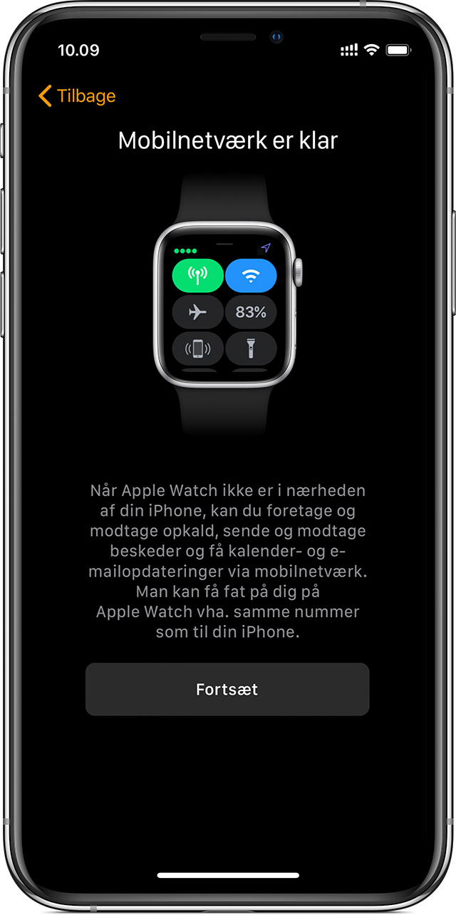 Mobilopsætningsskærm på iPhone, der viser, at du kan bruge mobilnetværk på dit Apple Watch.