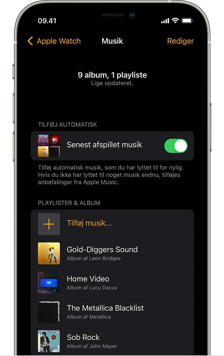 Appen Apple Watch på iPhone viser playlister og album, som du kan tilføje.