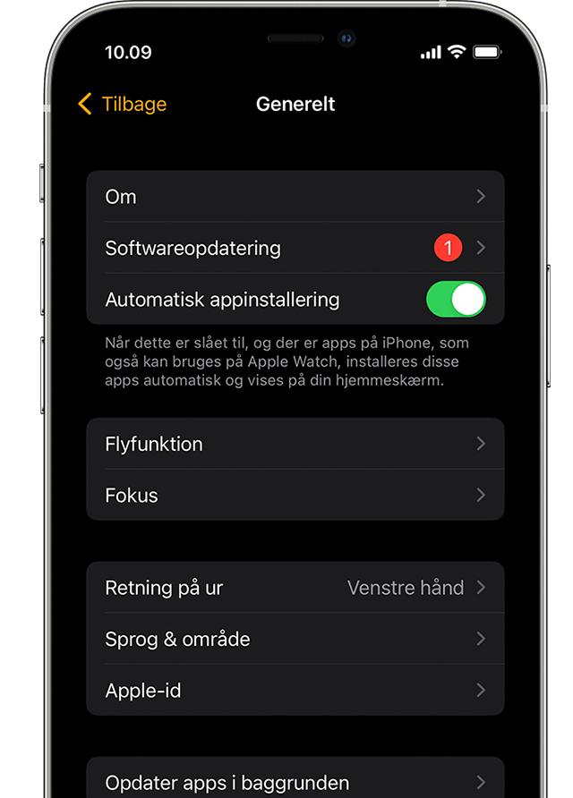 iPhone, hvor en tilgængelig Apple Watch-softwareopdatering vises