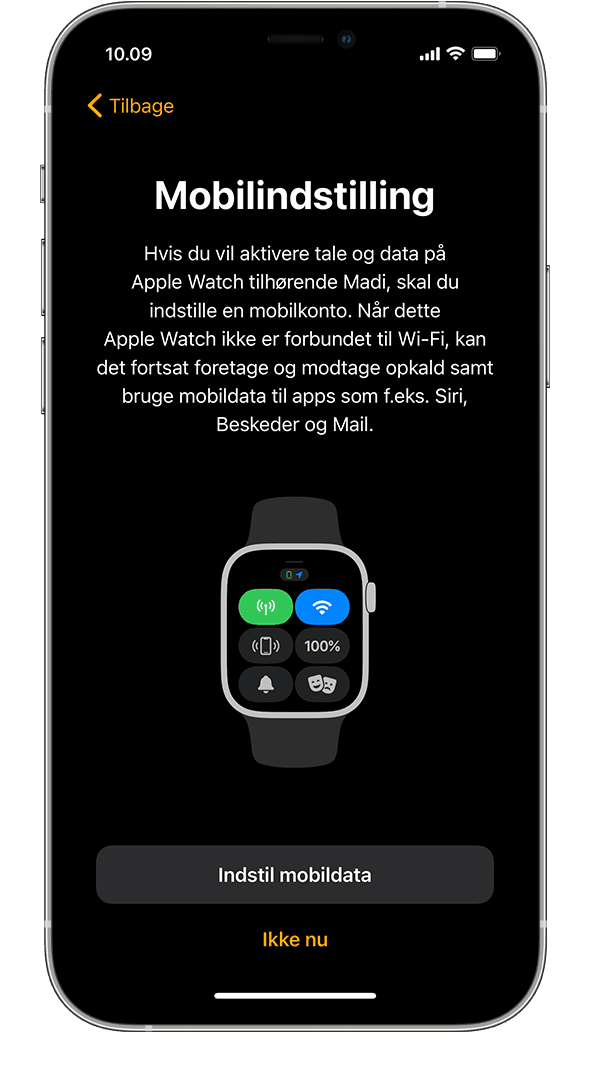 Skærmen Mobilindstilling under indstilling af Apple Watch på en iPhone.