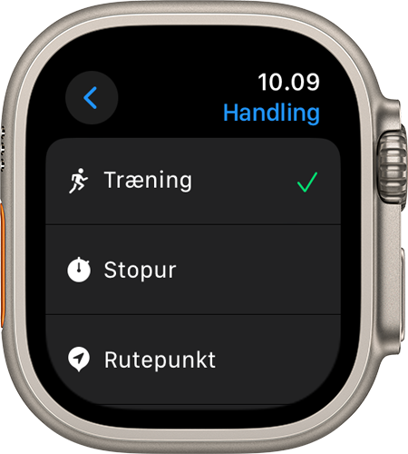 Apple Watch Ultra, der viser skærmen Handling og forskellige indstillinger