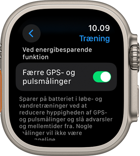 Skærmen til træningsindstillinger på Apple Watch, der viser indstillingen for færre GPS- og pulsaflæsninger