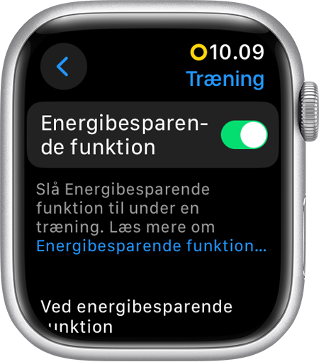 Apple Watch viser Energibesparende funktion i træningsindstillinger