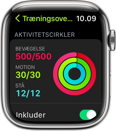 Et Apple Watch, der viser aktivitetsringenes fremskridt under en løbetur