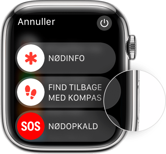 Apple Watch med visning af sideknappens placering og mærket Sluk.