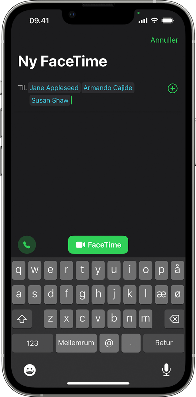 iPhone, der viser, hvordan man starter et FaceTime-gruppeopkald fra appen FaceTime