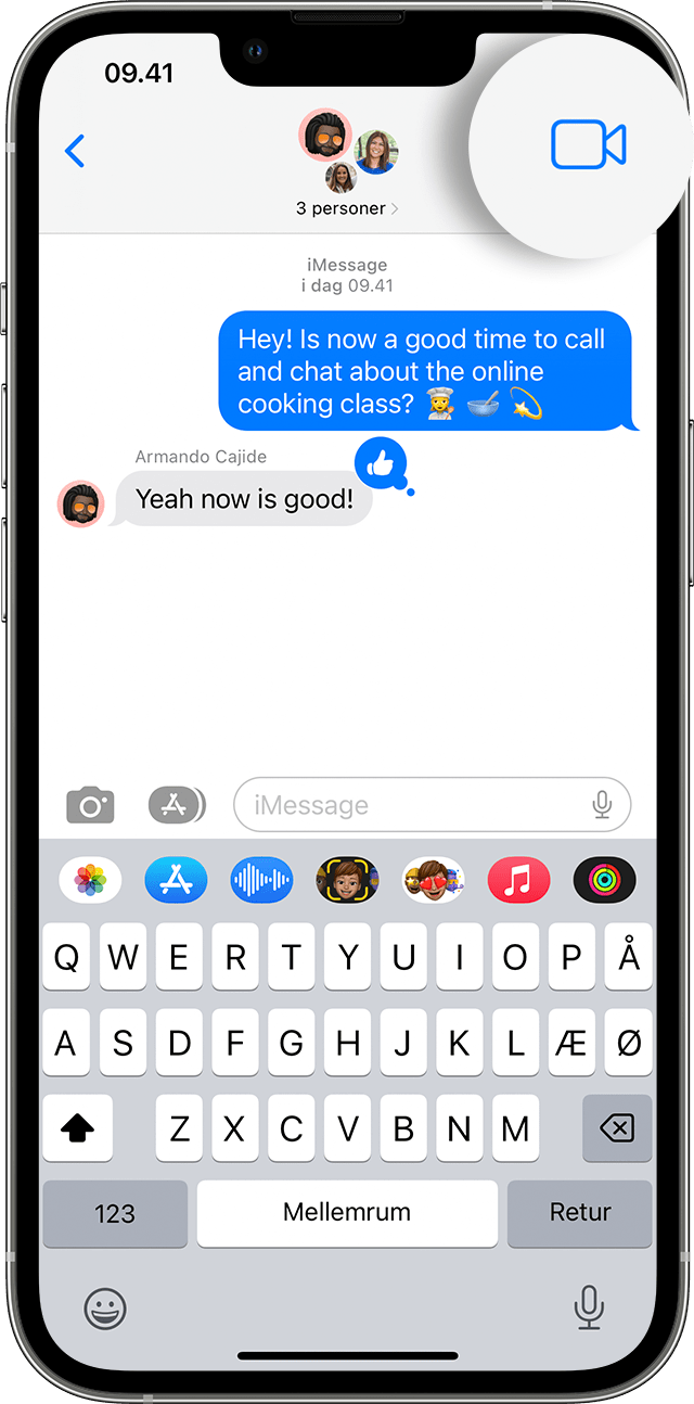 iPhone, der viser, hvordan man foretager et FaceTime-gruppeopkald fra appen Beskeder