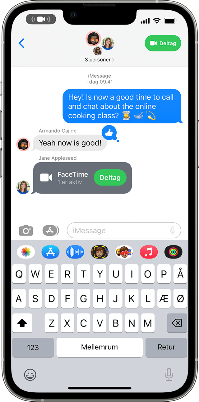 iPhone, der viser, hvordan man deltager i et FaceTime-opkald fra en gruppebesked