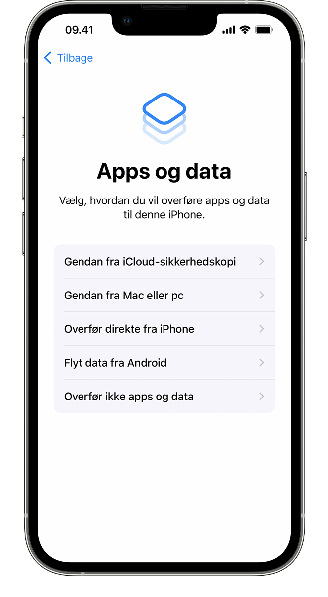En ny iPhone, der viser skærmen Apps og data, hvor du kan vælge, hvordan du vil overføre dine data til denne enhed.