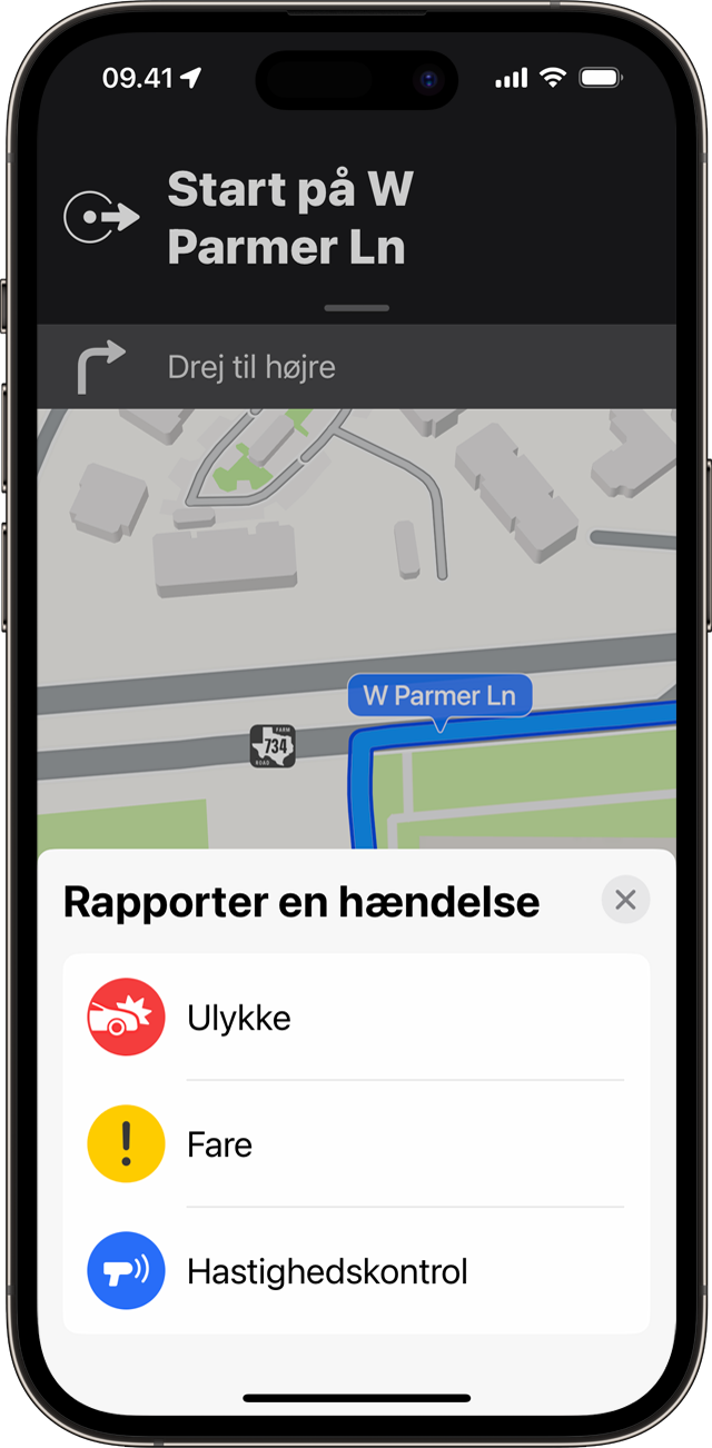 Du kan rapportere en hændelse, mens du bruger trinvis rutevejledning i Kort på din iPhone.