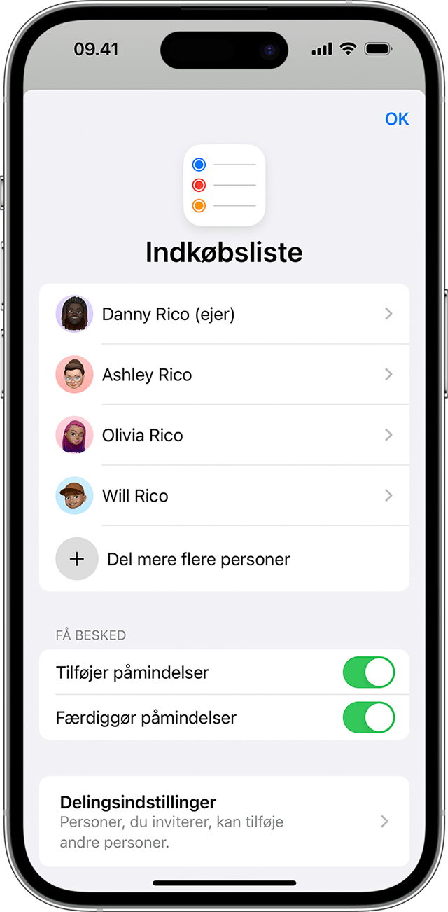 På din iPhone kan du dele en påmindelsesliste med dine kontakter. Hvis du vil ændre automatiske meddelelser, skal du dog gøre det via indstillingerne for Administrer delt liste.