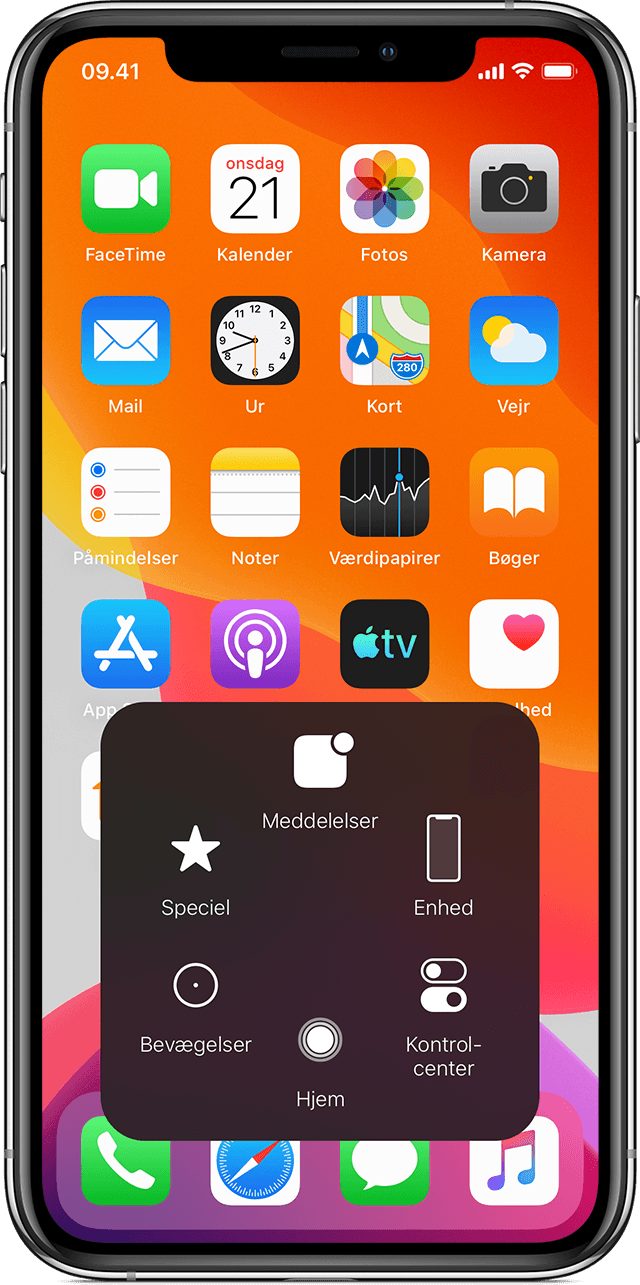 Hjemmeskærmen på en iPhone, der viser menuen AssistiveTouch