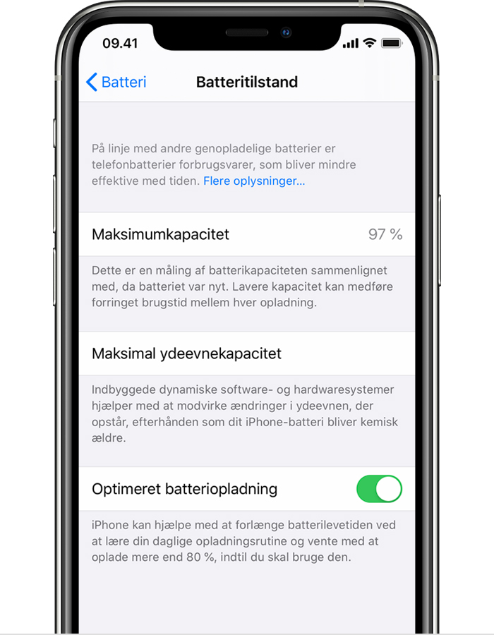 Om optimeret batteriopladning på din iPhone - Apple-support (DK)