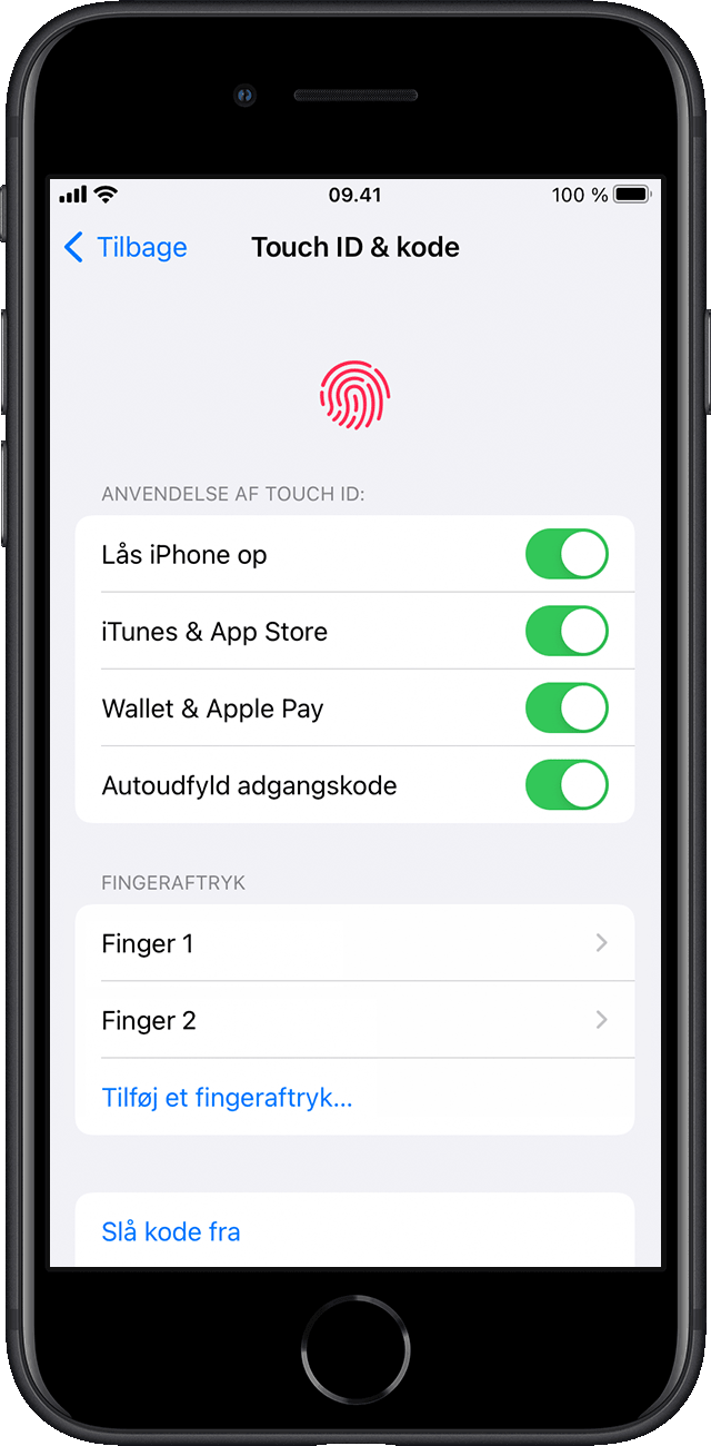 Under Indstillinger vælger en bruger, hvilke iPhone-funktioner der skal aktiveres med Touch ID