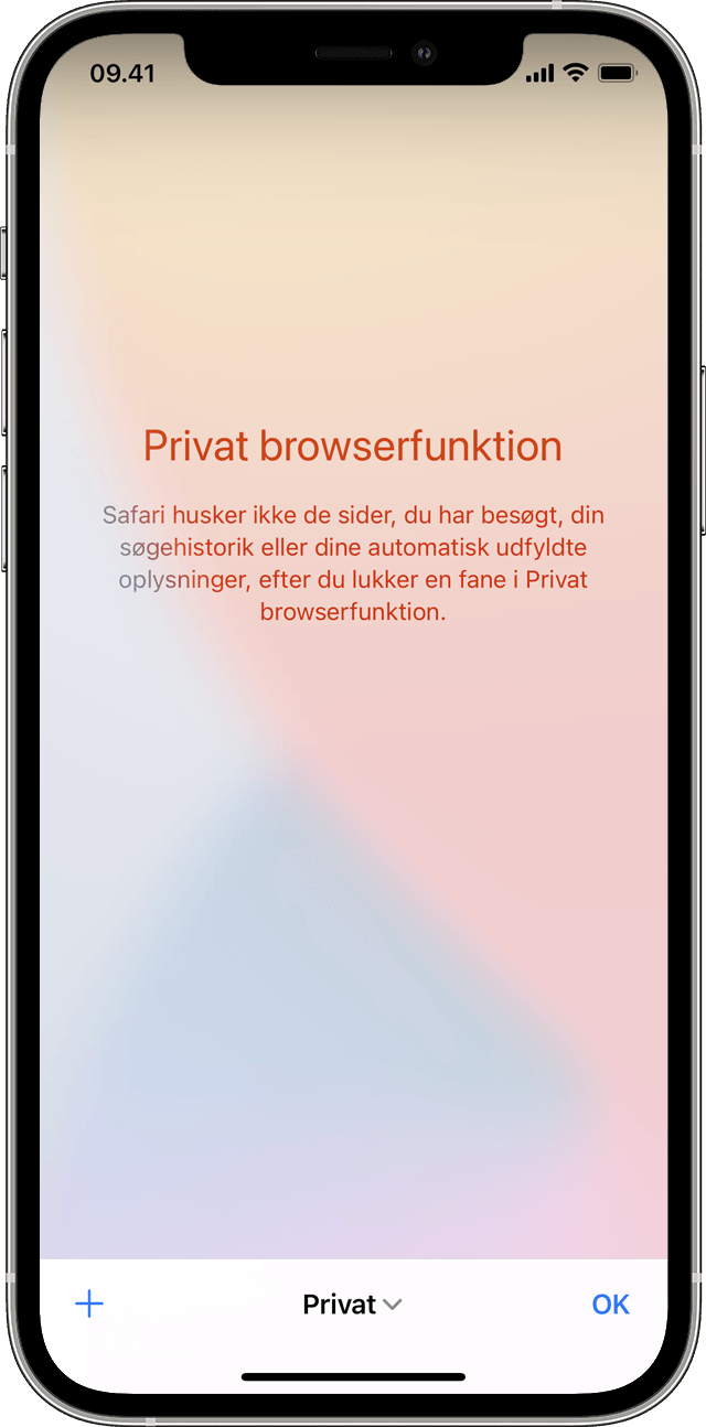 En iPhone, der viser skærmen Privat browser, når du trykker på Privat for at slå Privat browser til.